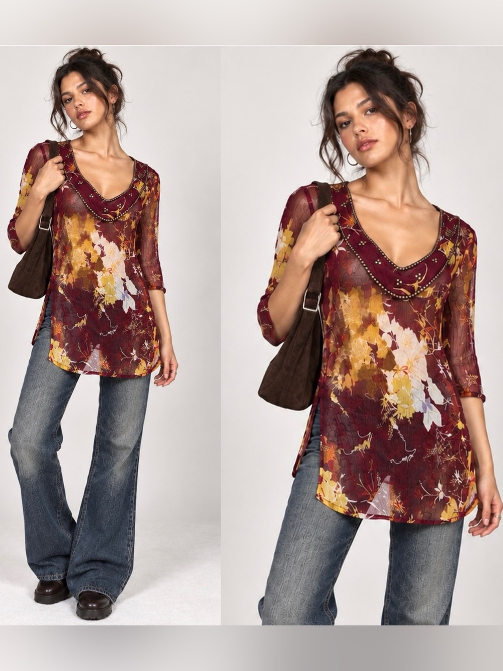 Soft Surroundings Sheer Crinkle Beaded Tunic Top S Whimsigoth Burgundy Y2K VTG